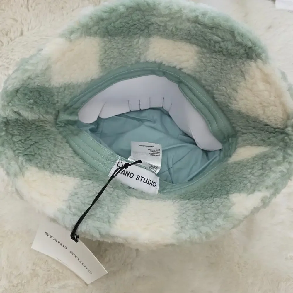 Stand Studio NWT Wera Fuzzy Check Bucket Hat Mint Wool Blend Medium